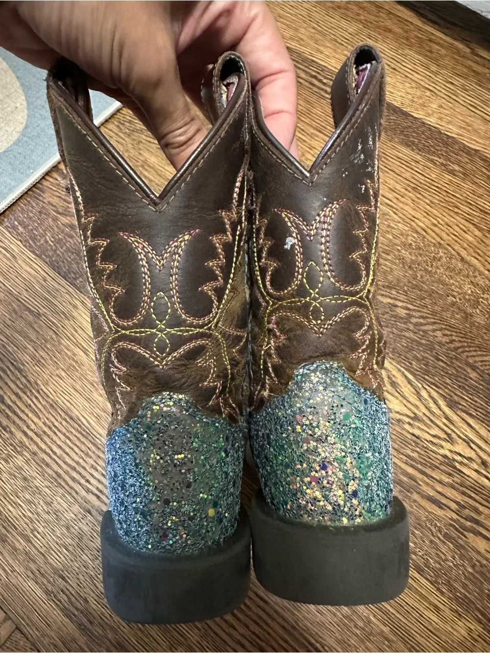 Girls Glitter Western Boots with Brown Shaft and Pink Leopard Lining